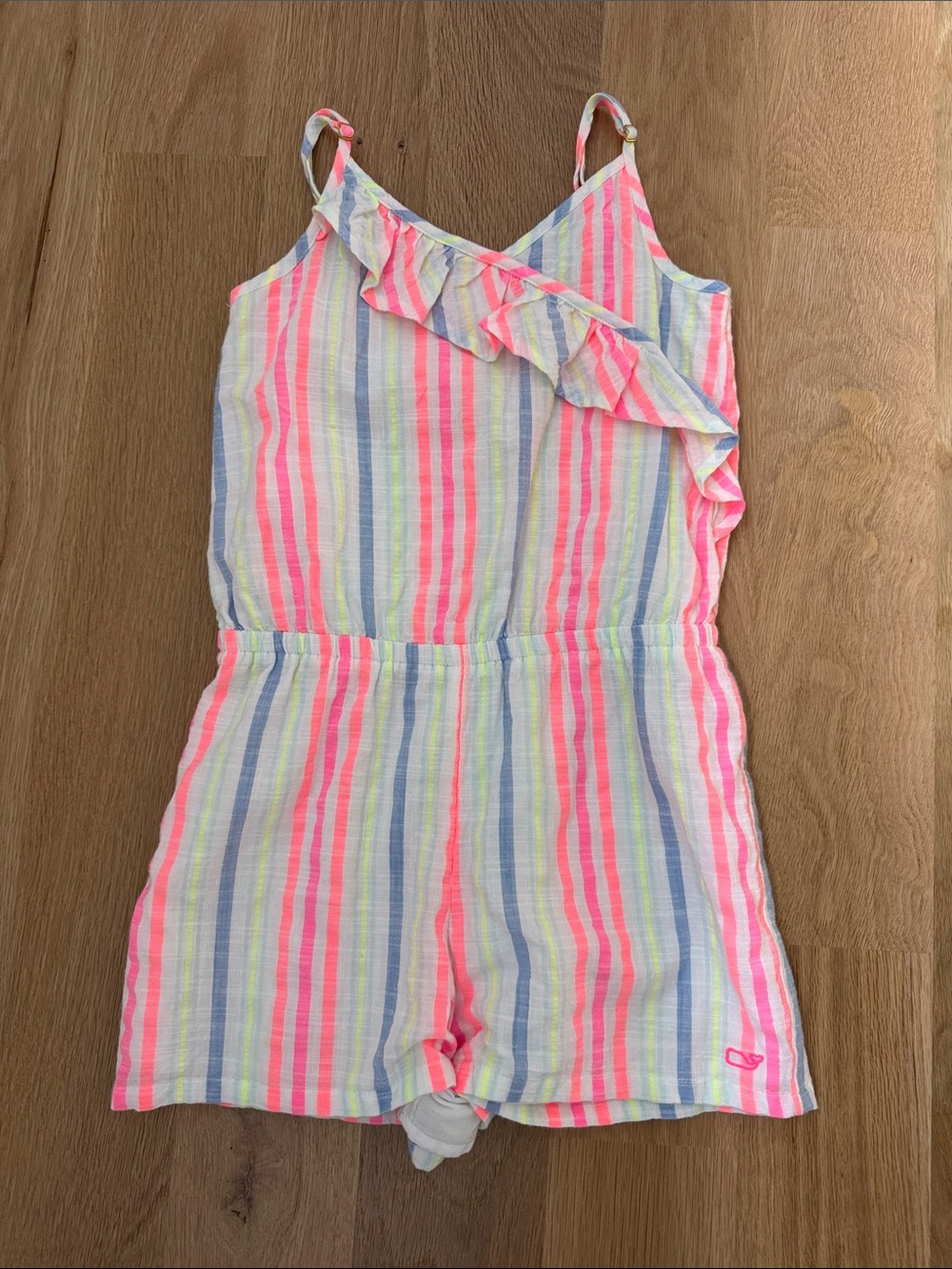 Vineyard Vines Neon Pink Multi-Stripe Girls Romper with Ruffle